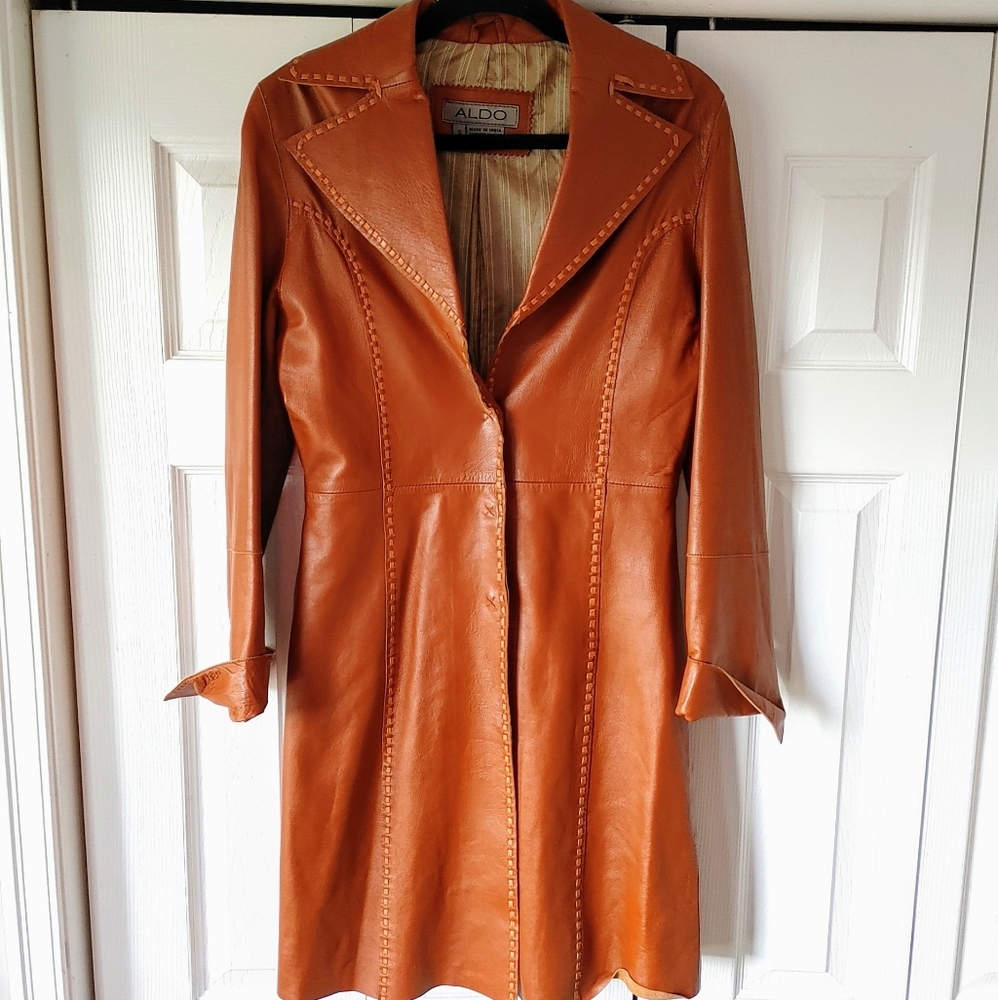 Vintage Aldo long leather blazer fall coat size small cognac brown
